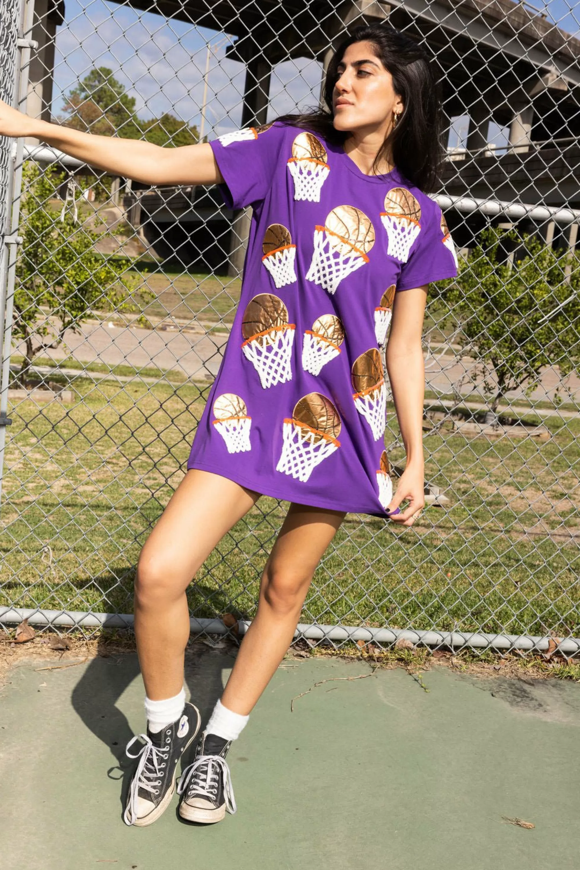 womens Queen Of Sparkles Basketball Hoop Tee Dress