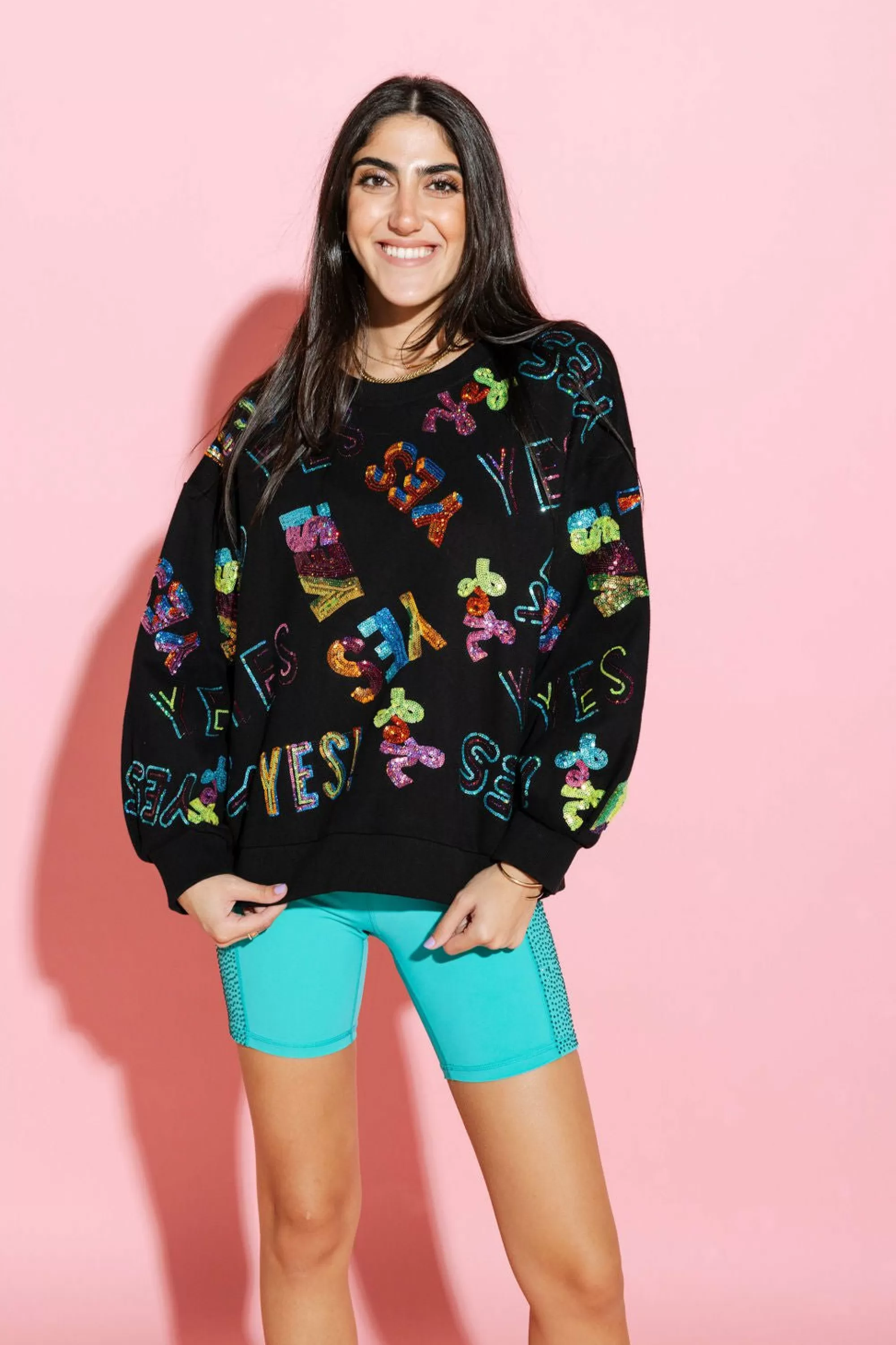womens Queen Of Sparkles Black & Rainbow Yes/No Sweatshirt