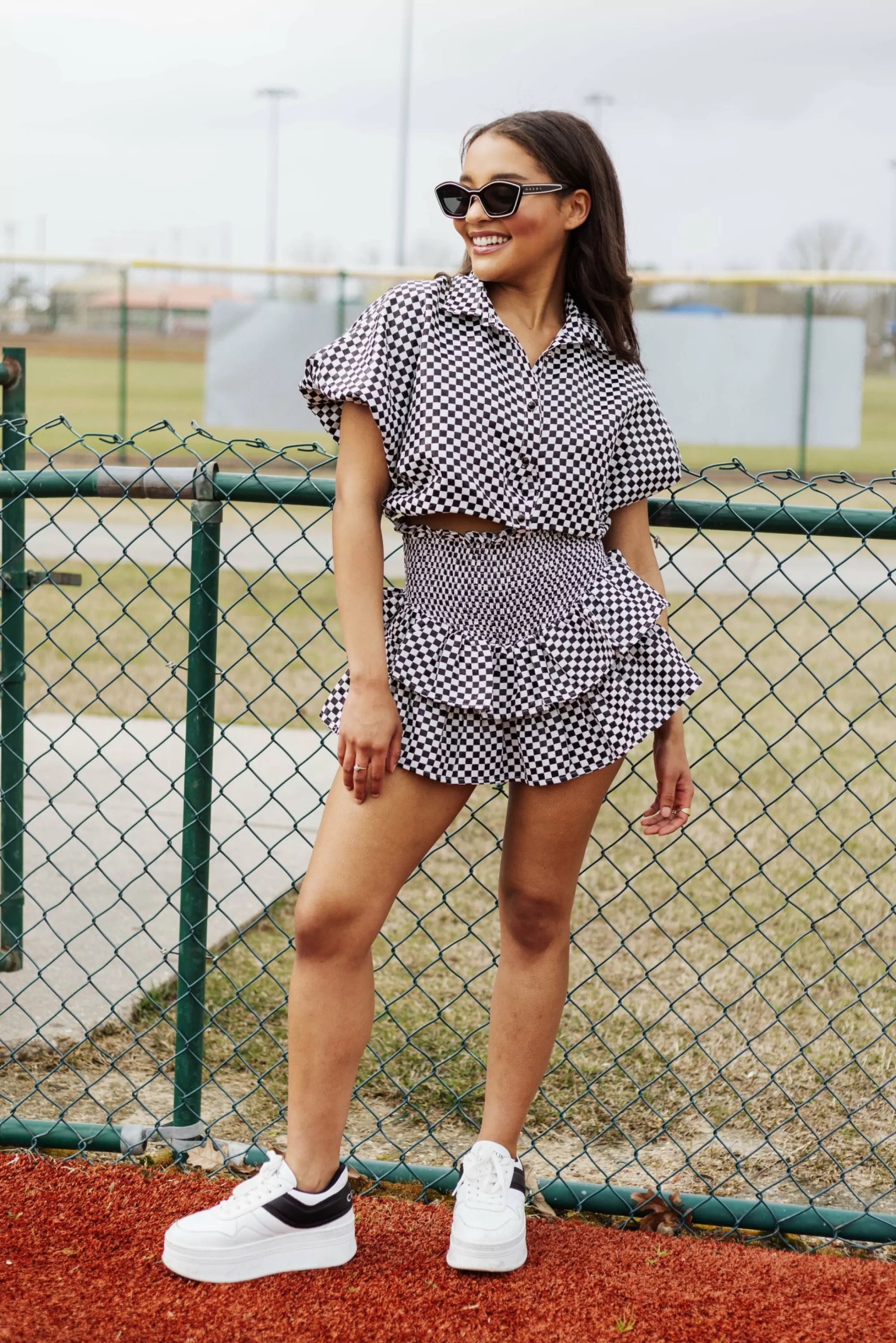 womens Queen Of Sparkles Black & White Checkered Bubble Top