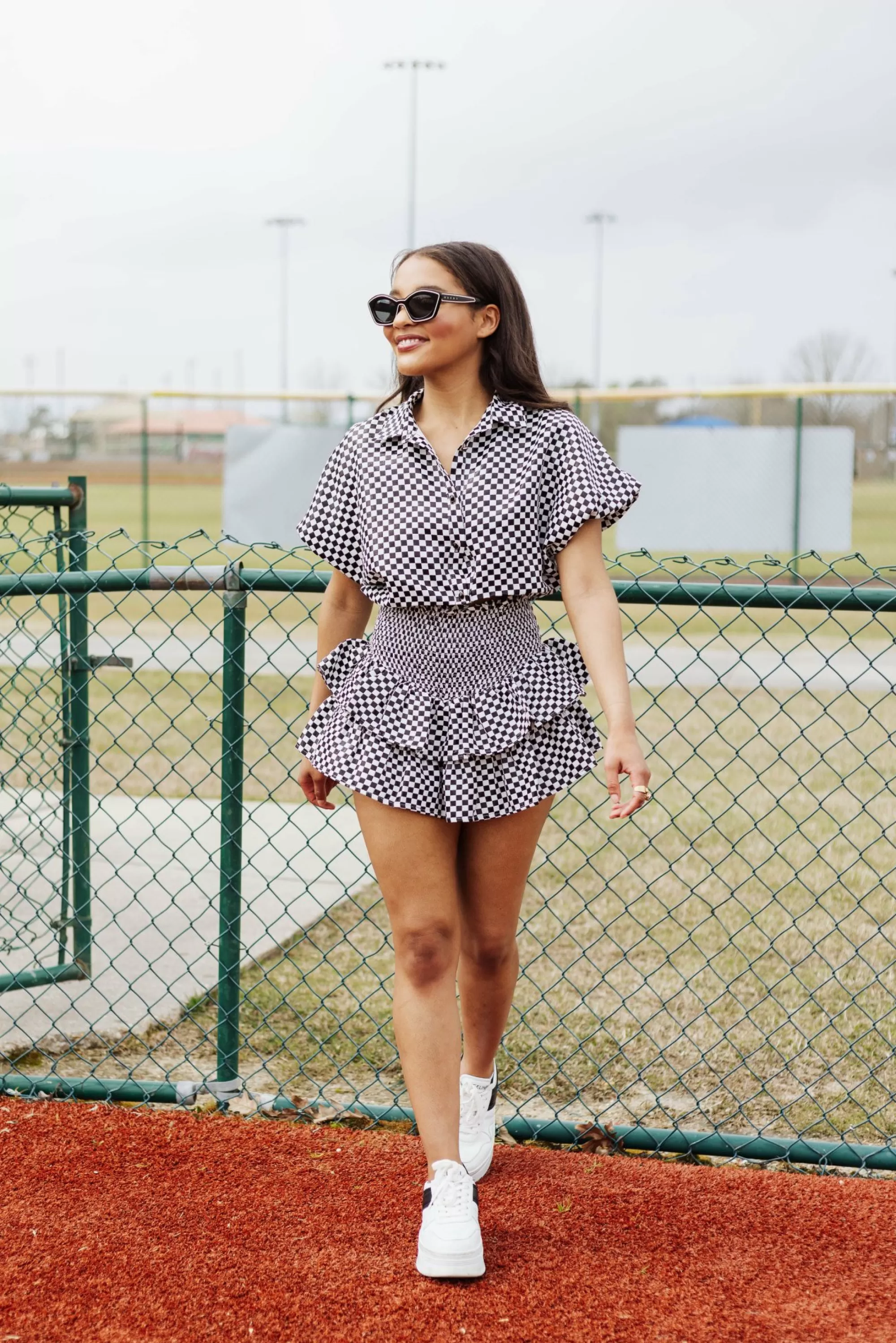 womens Queen Of Sparkles Black & White Checkered Bubble Top