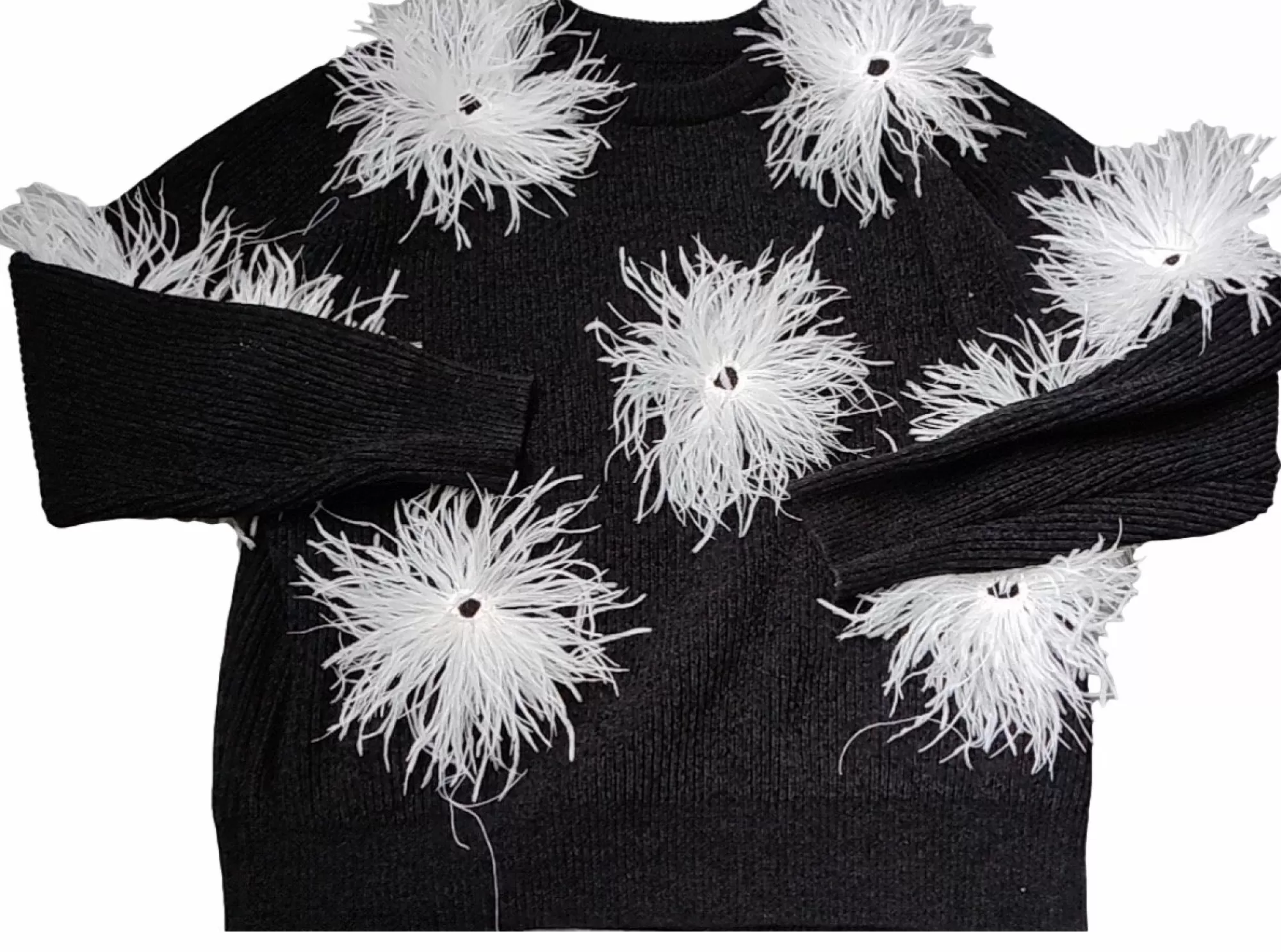 womens Queen Of Sparkles Black/White Oversized Chenille Feather Sweater