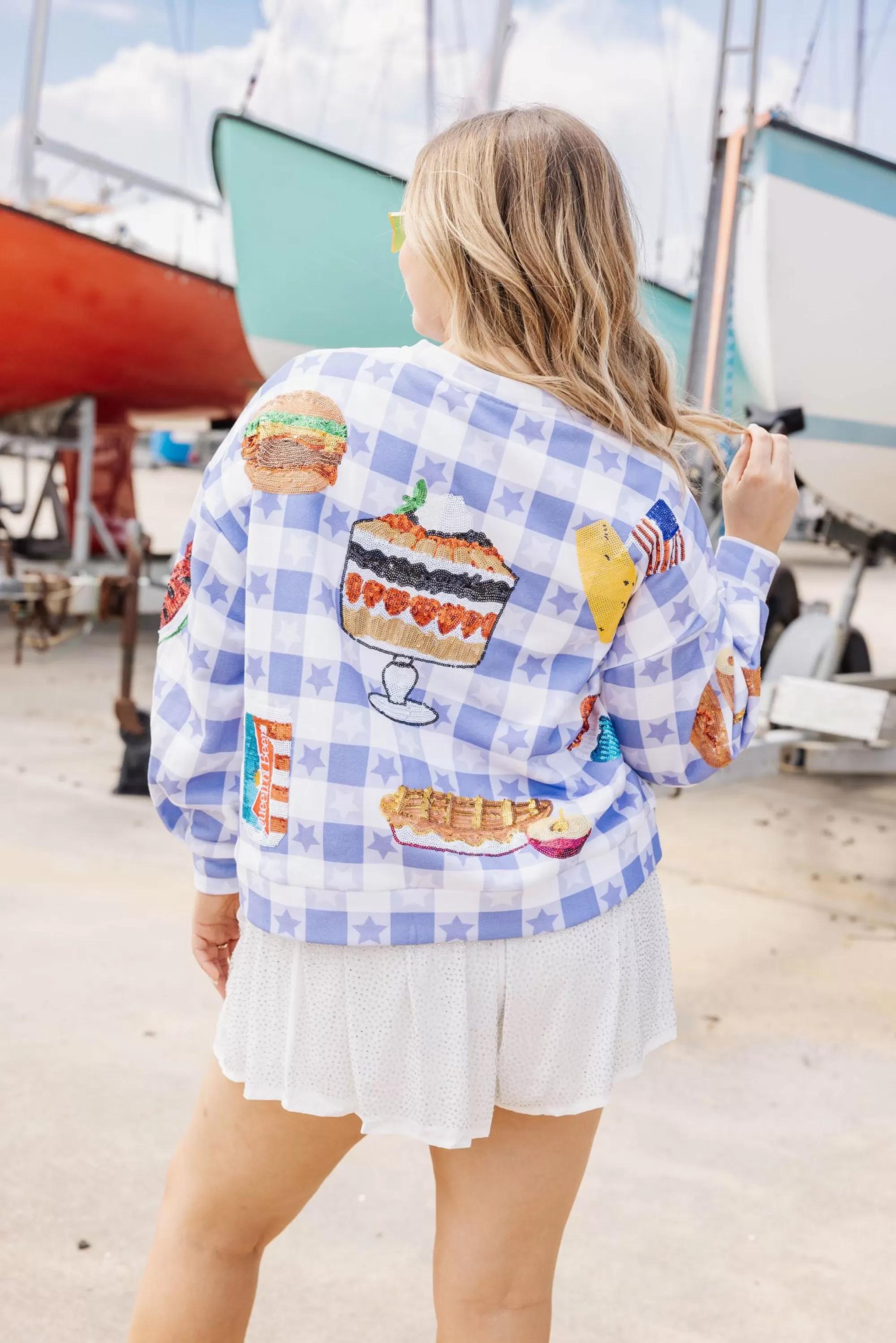 womens Queen Of Sparkles Blue & White Usa Picnic Sweatshirt