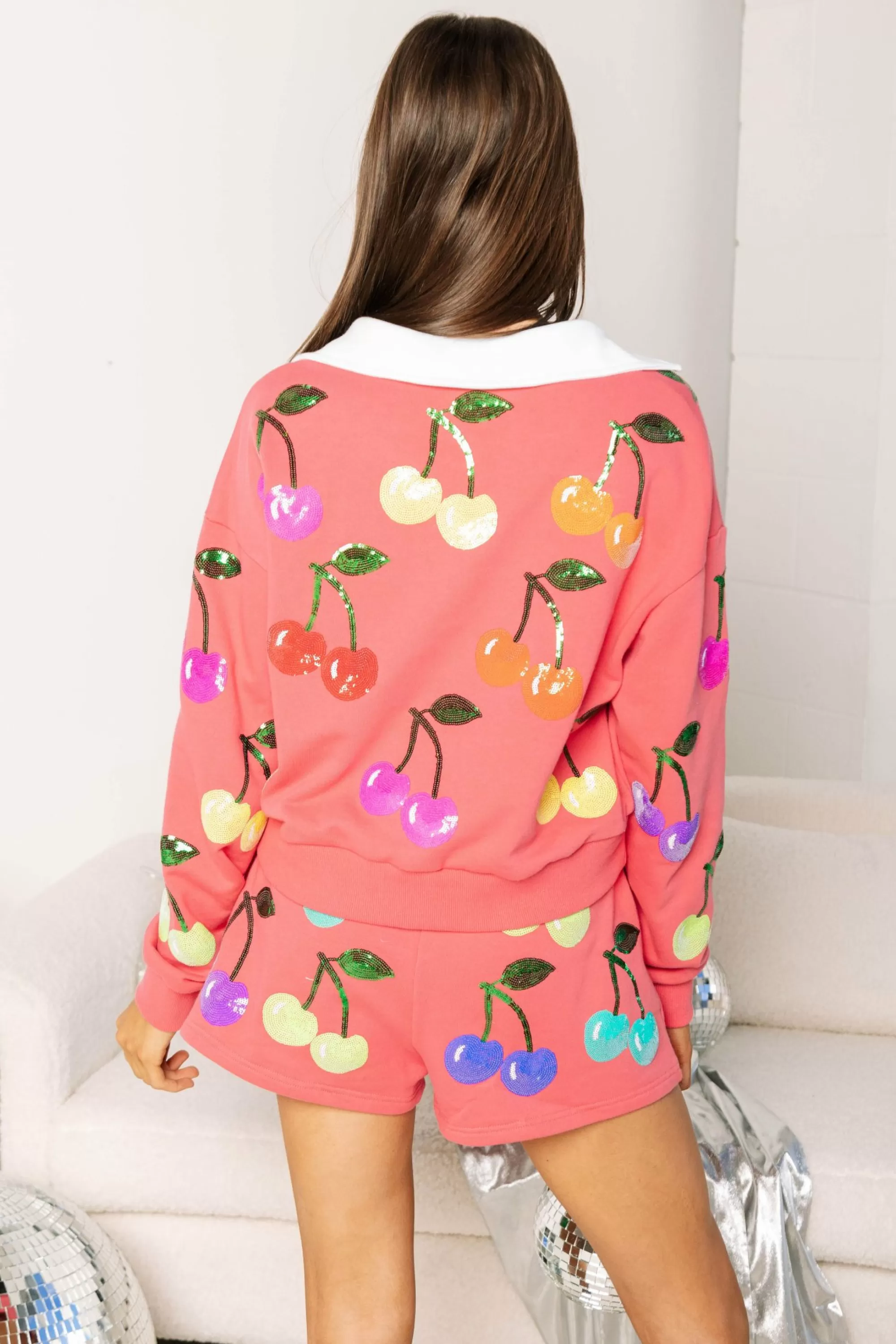 womens Queen Of Sparkles Bright Pink Rainbow Cherry Polo Sweatshirt