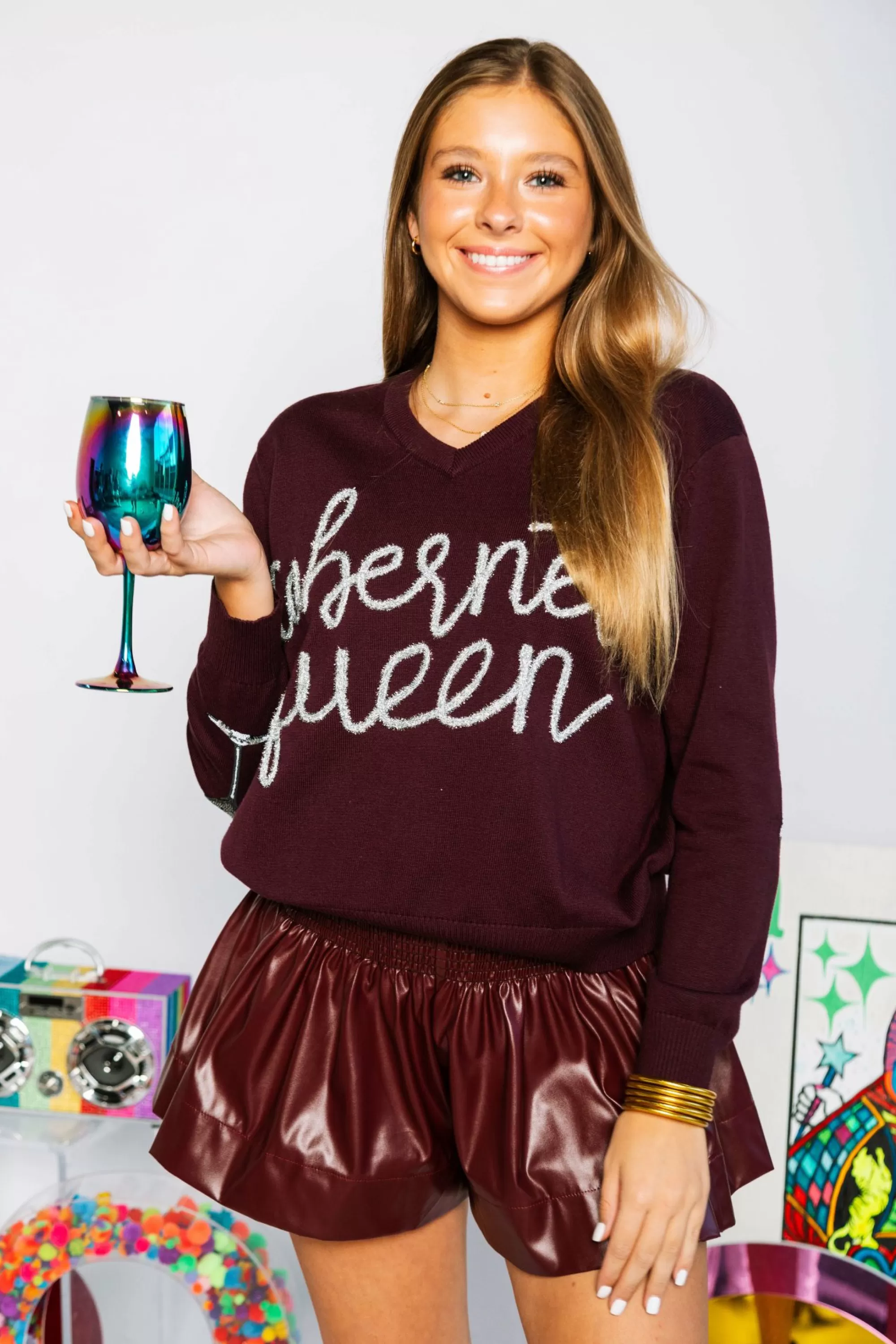 womens Queen Of Sparkles Cabernet Queen Sweater