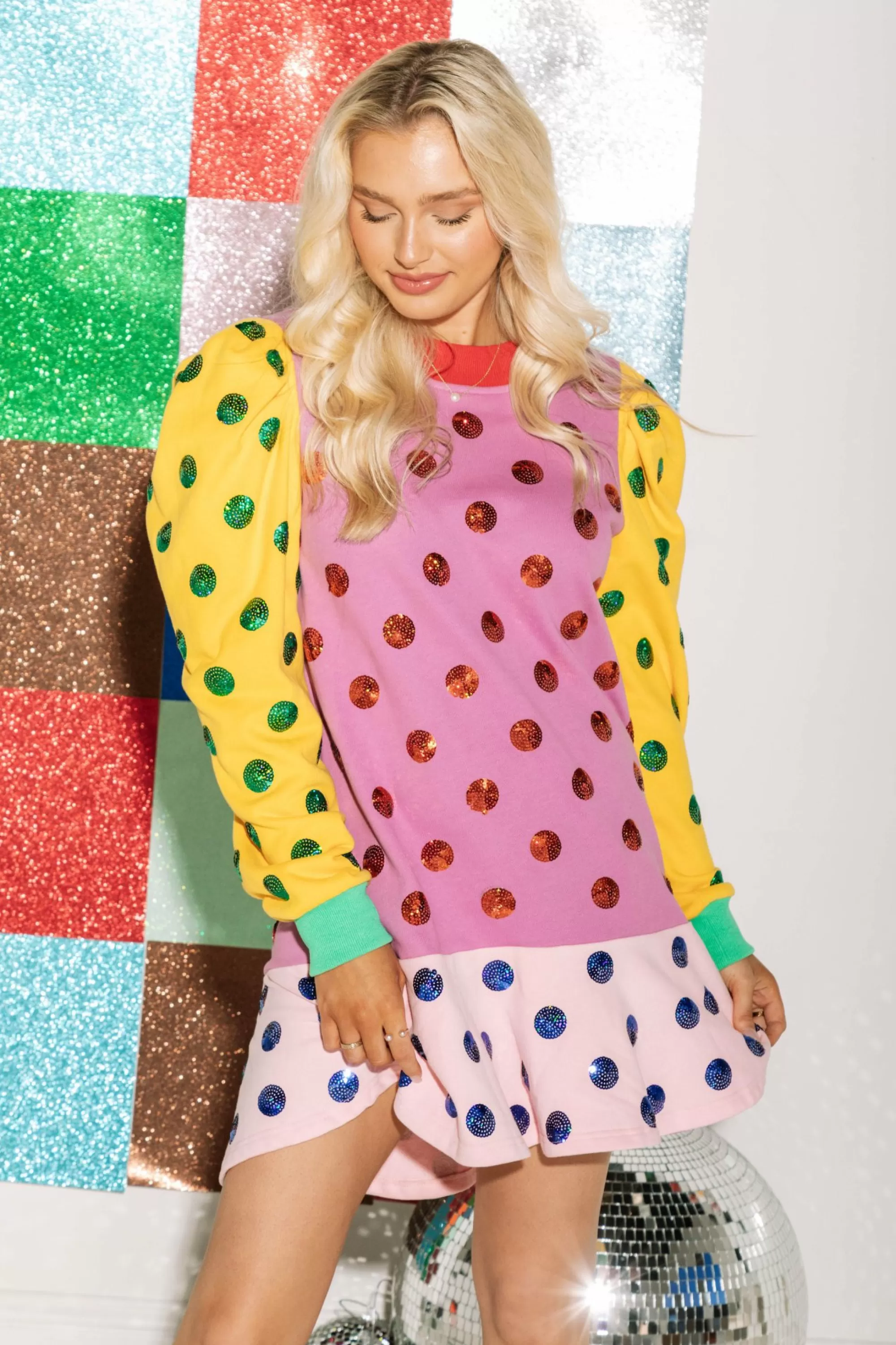 womens Queen Of Sparkles Colorblock Polka Dot Poof Sleeve Dress