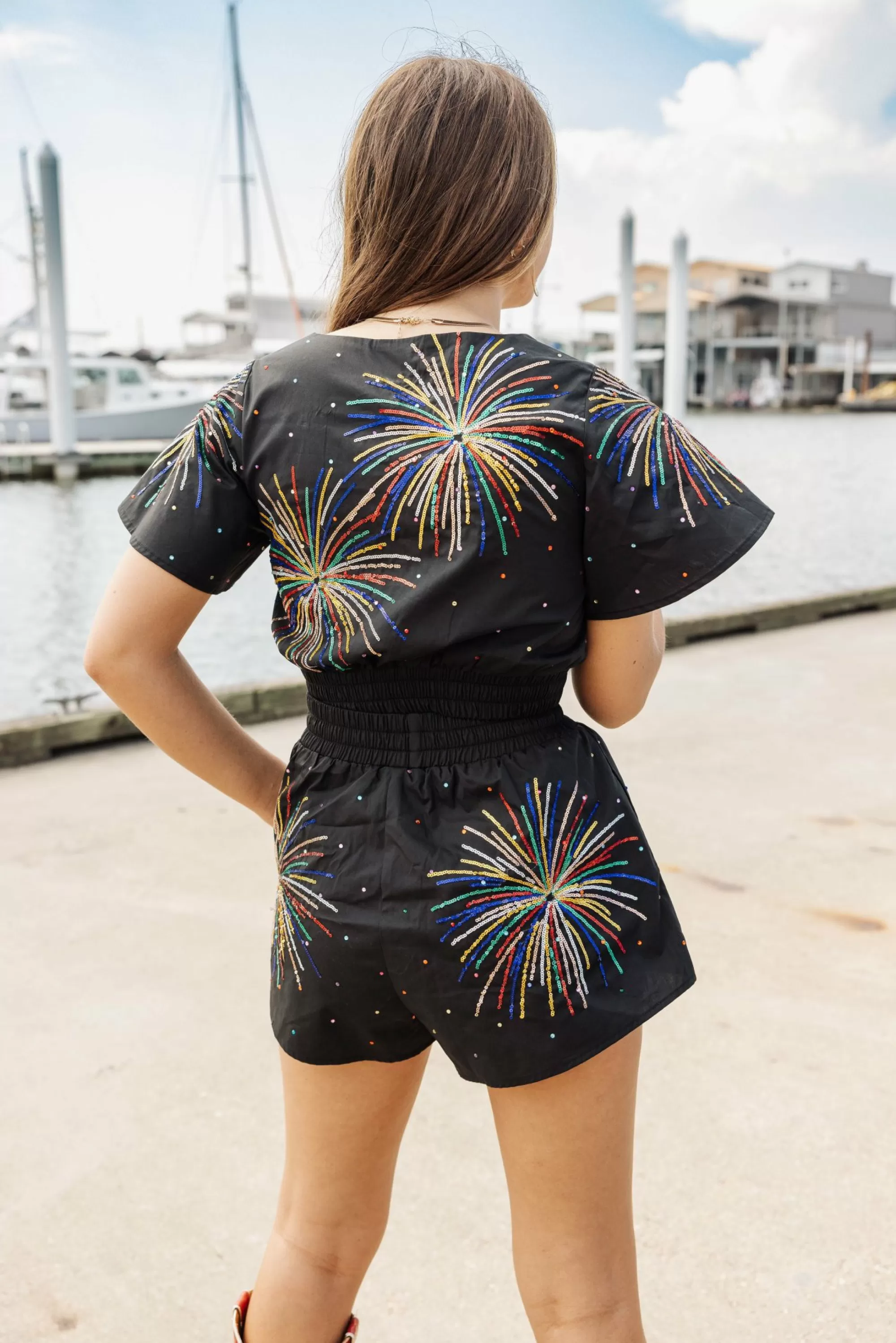 womens Queen Of Sparkles Firework Short Sleeve Top