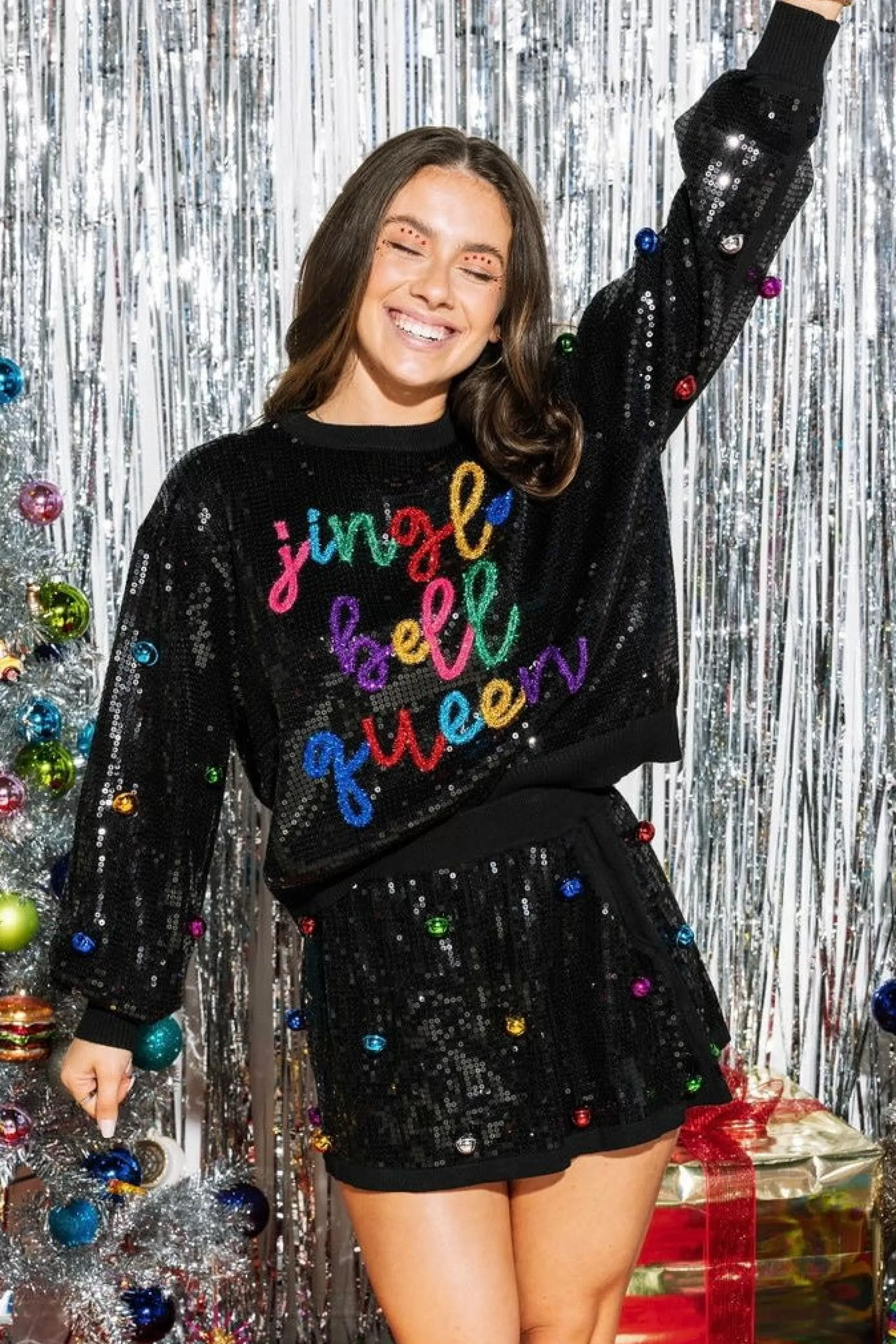 womens Queen Of Sparkles Full Sequin Jingle Bell Queen Sweater