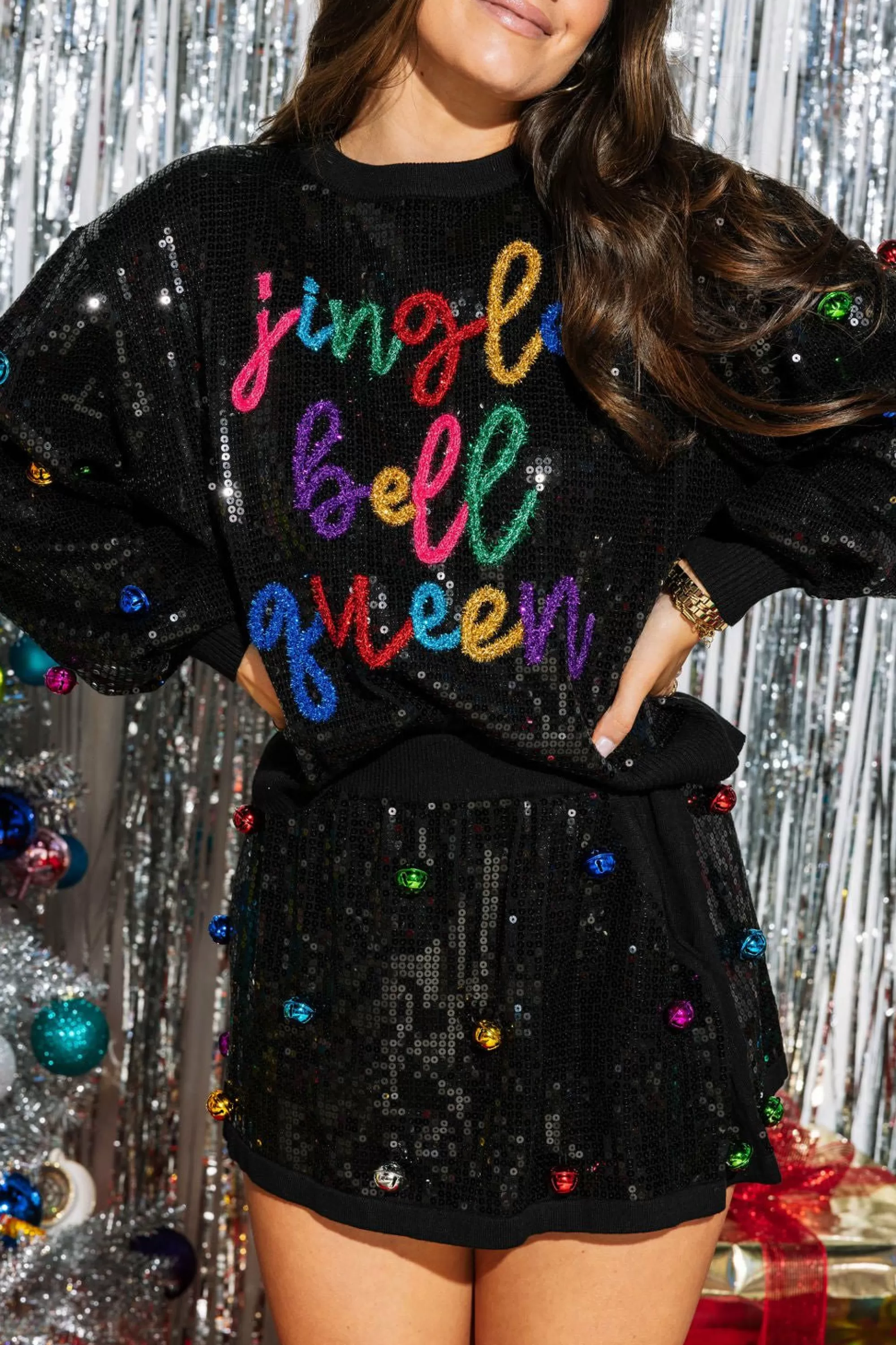 womens Queen Of Sparkles Full Sequin Jingle Bell Queen Sweater