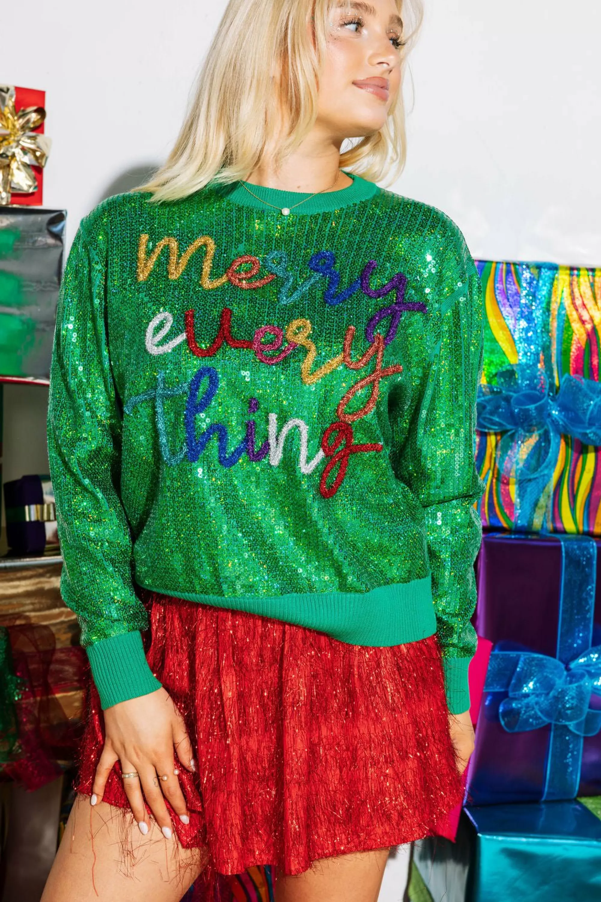 womens Queen Of Sparkles Full Sequin Merry Everything Sweater