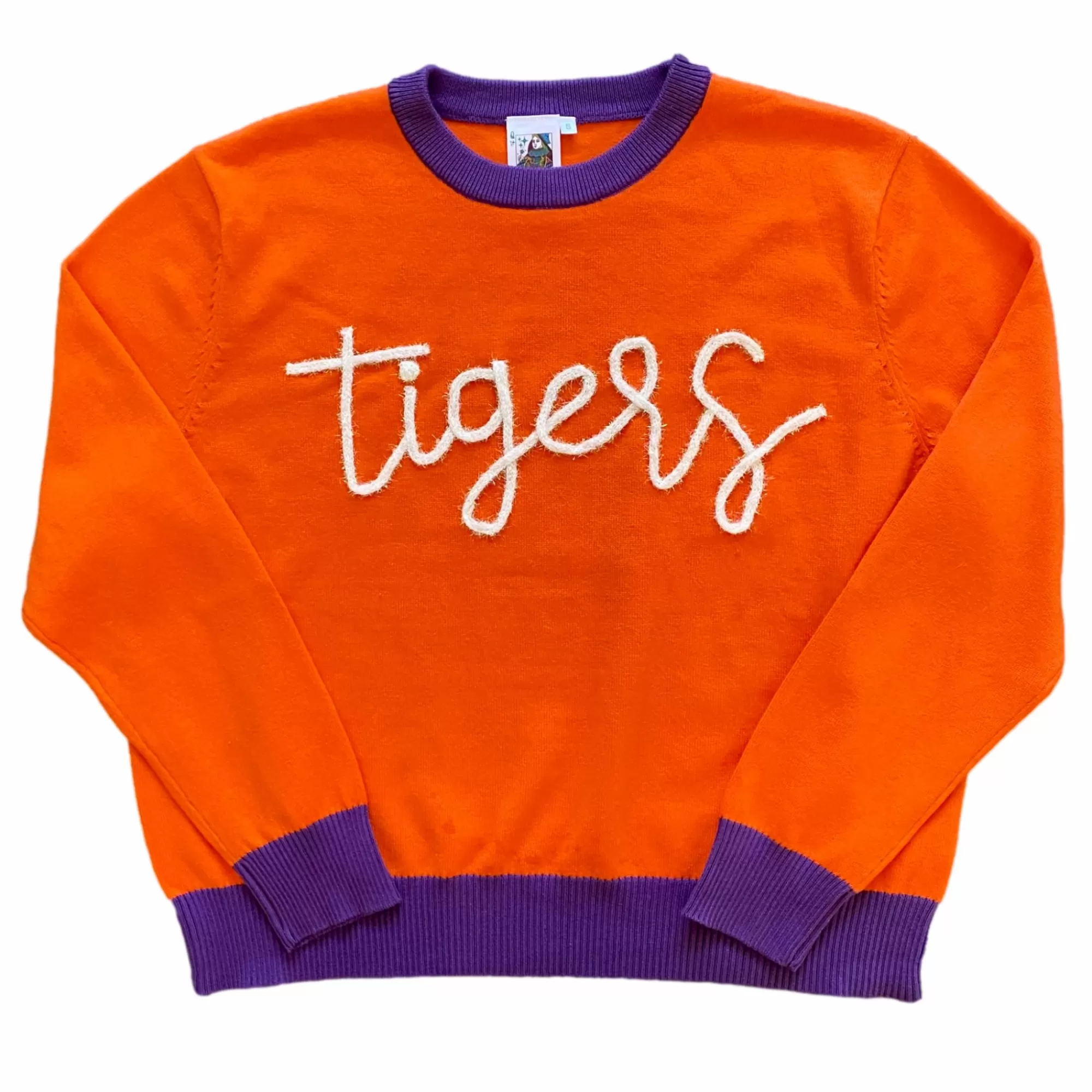 womens Queen Of Sparkles Glitter Script Orange W/ Purple "Tigers" Long Sleeve Sweater