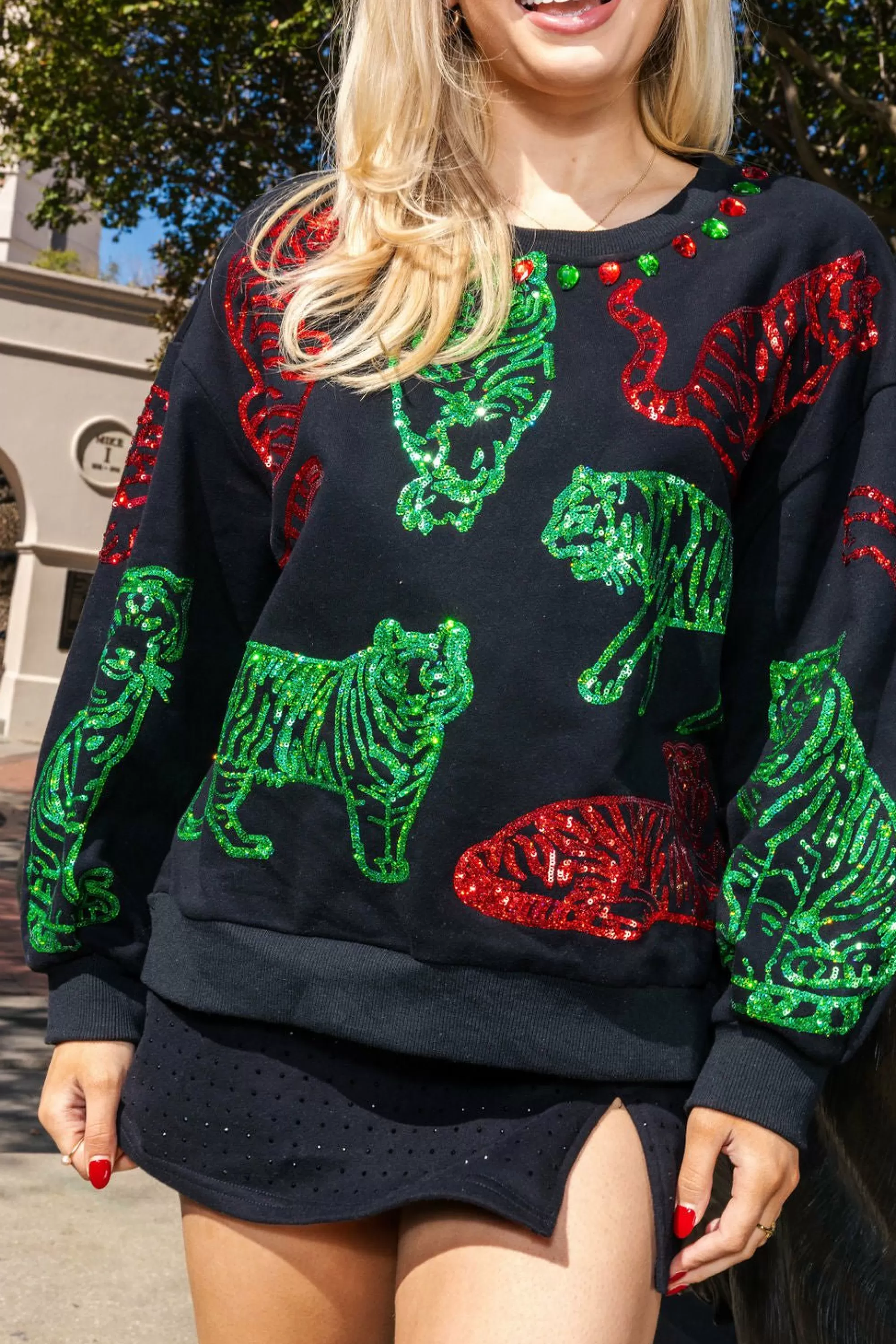 womens Queen Of Sparkles , Green & Red Tiger Sweatshirt