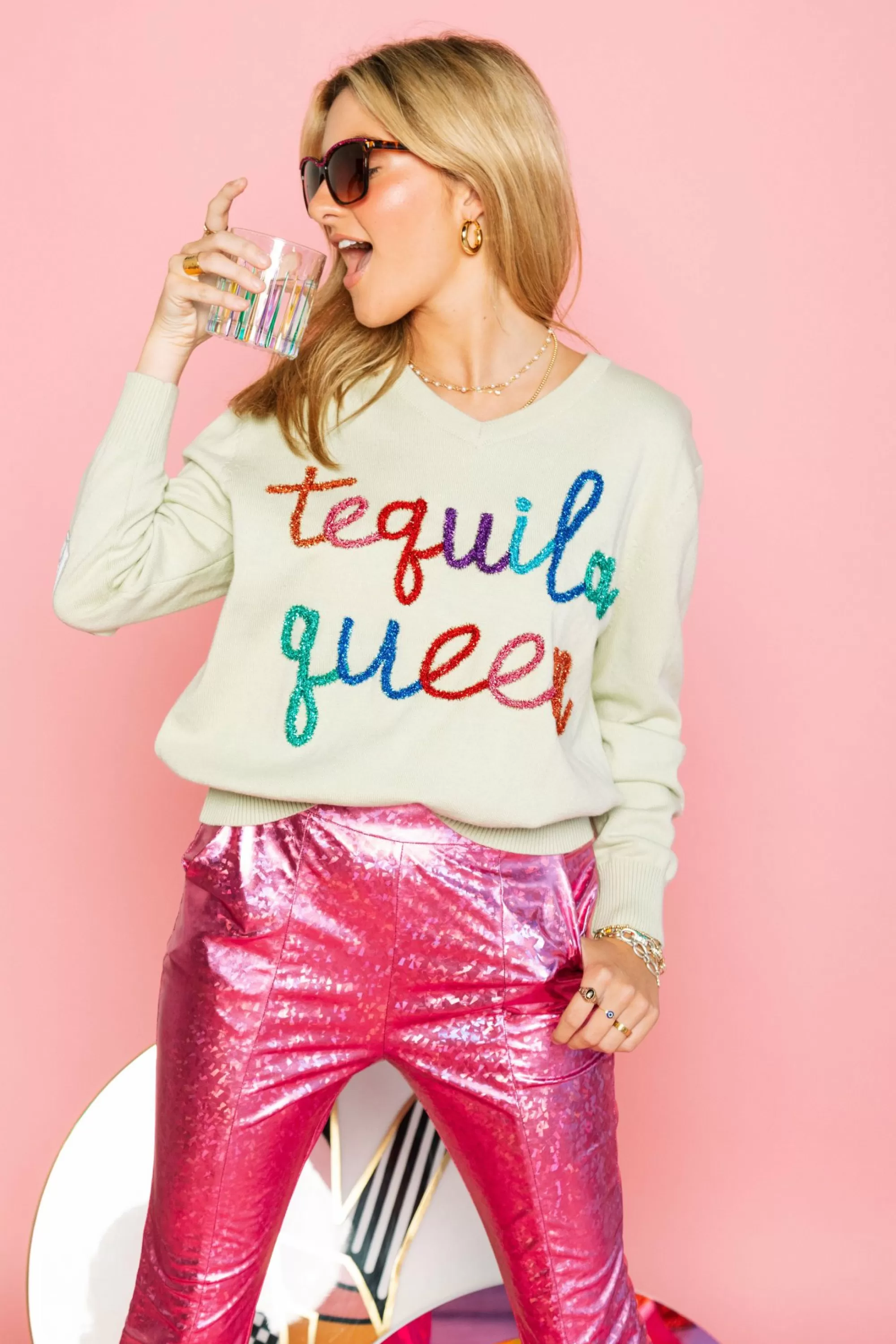 womens Queen Of Sparkles Light Green Tequila Queen Sweater