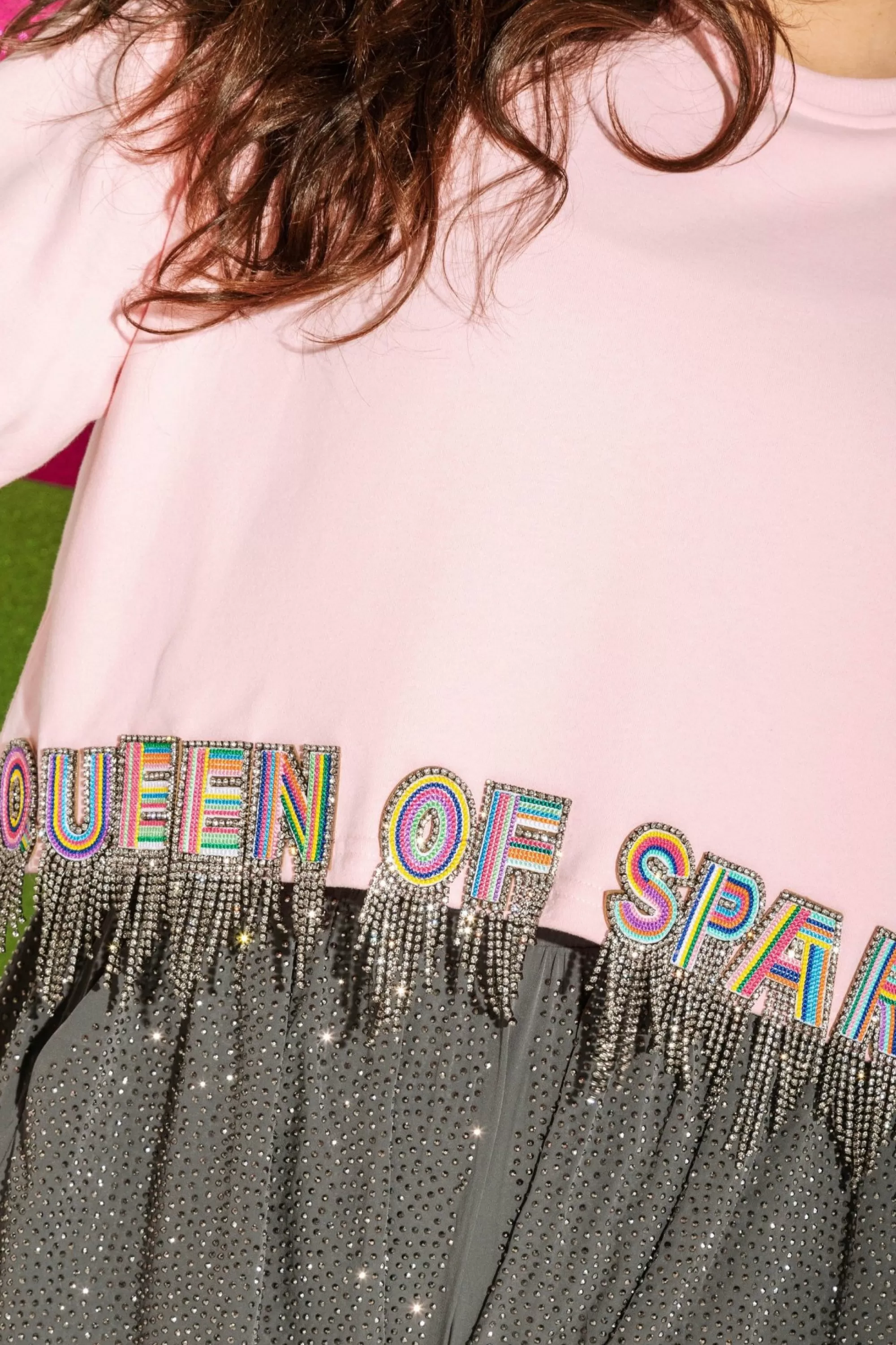 womens Queen Of Sparkles Light Pink Qos Fringe Sweatshirt