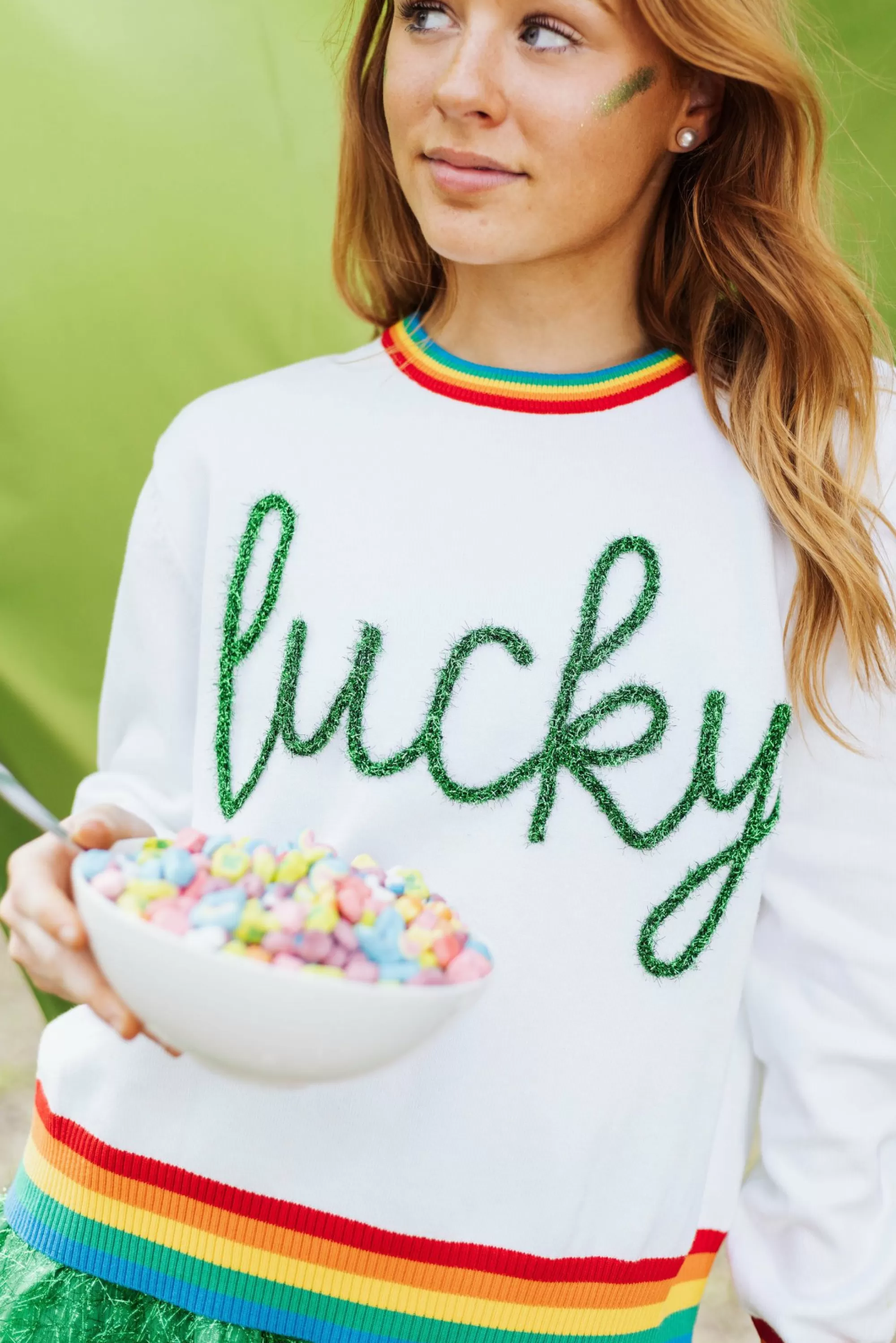 womens Queen Of Sparkles Lucky Glitter Script Sweater