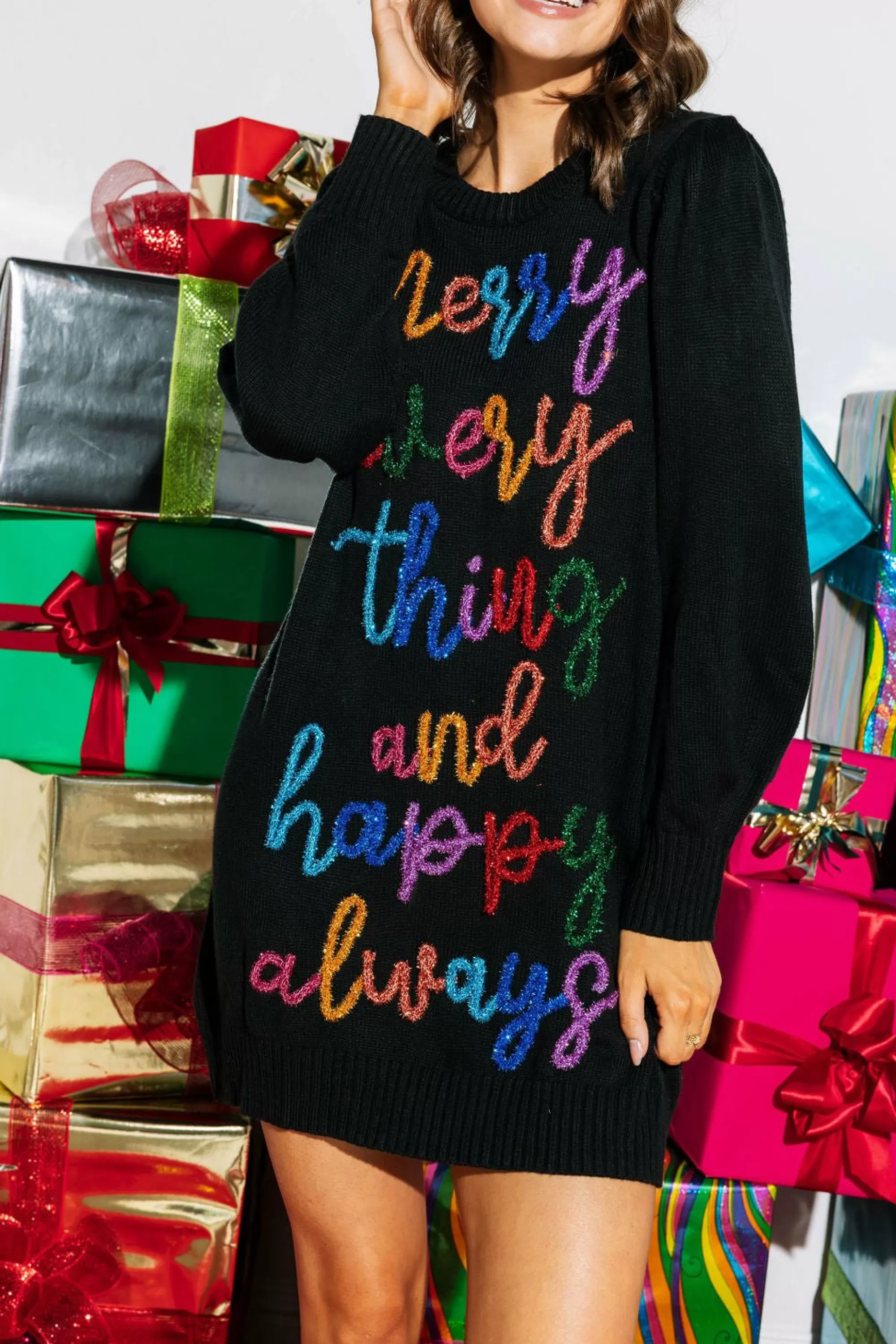 womens Queen Of Sparkles Merry Everything & Happy Always' Sweater Dress