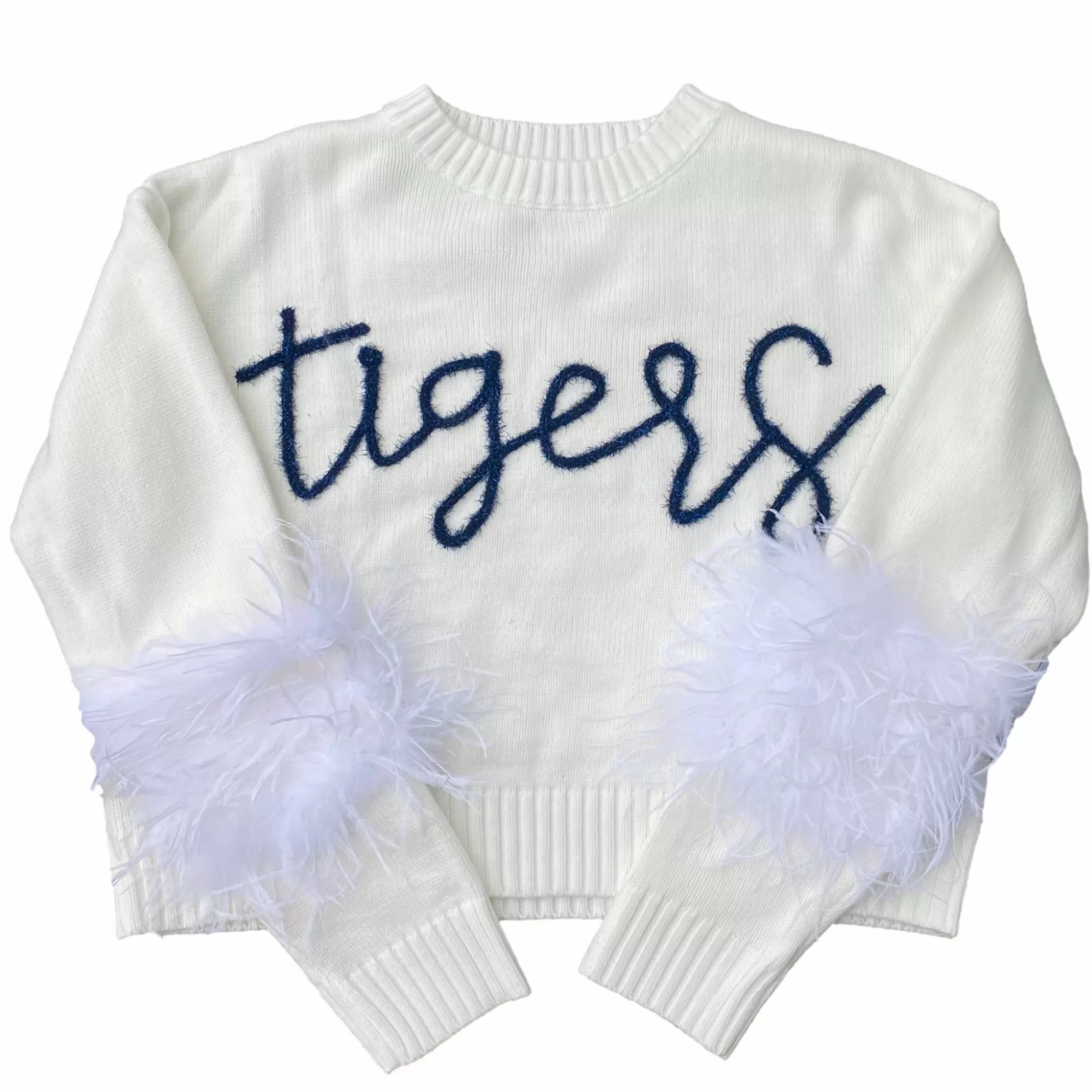 womens Queen Of Sparkles Navy "Tigers" Feather Sleeve Sweater