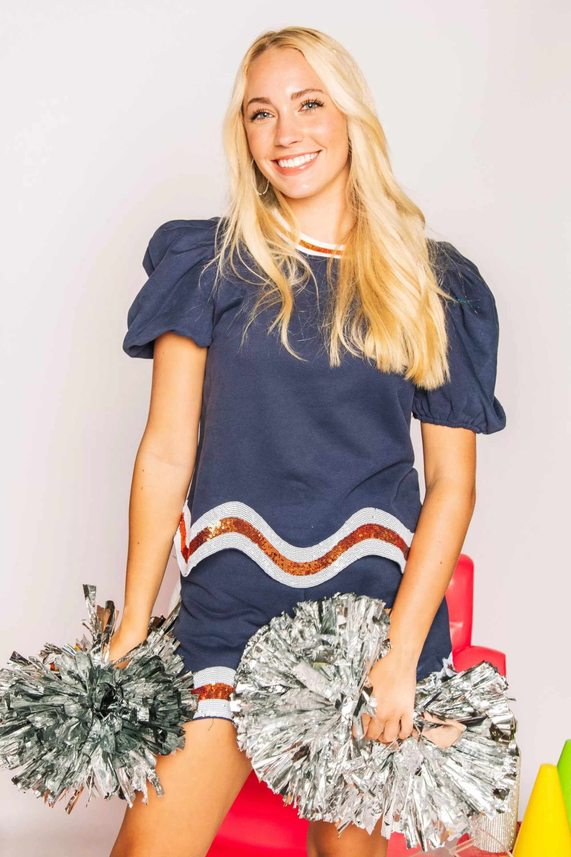womens Queen Of Sparkles Navy, White/Orange Wavy Top