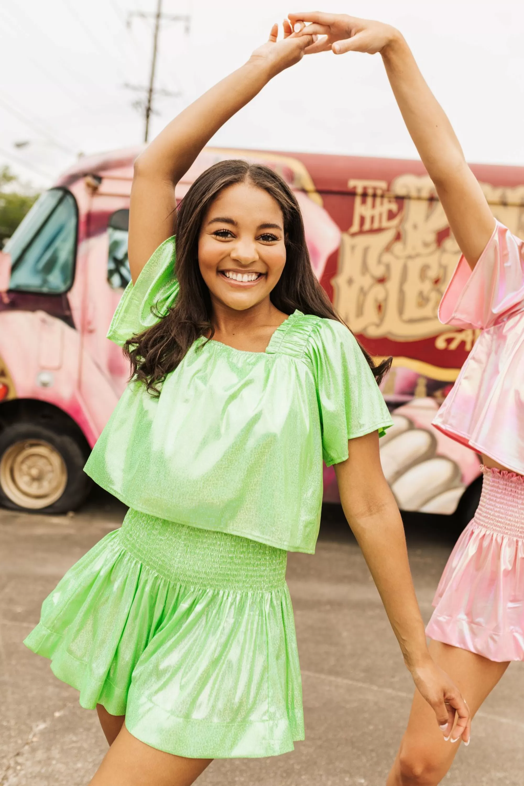 womens Queen Of Sparkles Neon Green Holo Stripe Flutter Top