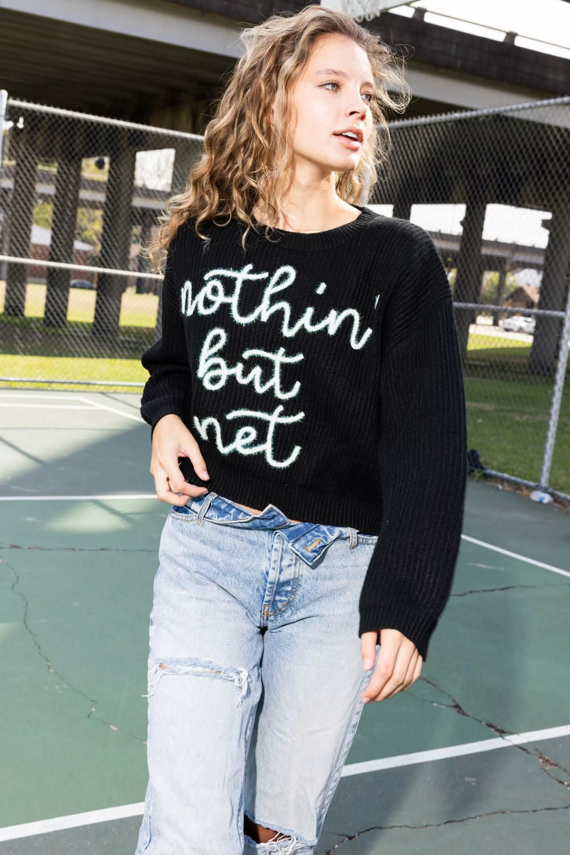 womens Queen Of Sparkles Nothin But Net' Glitter Script Sweater