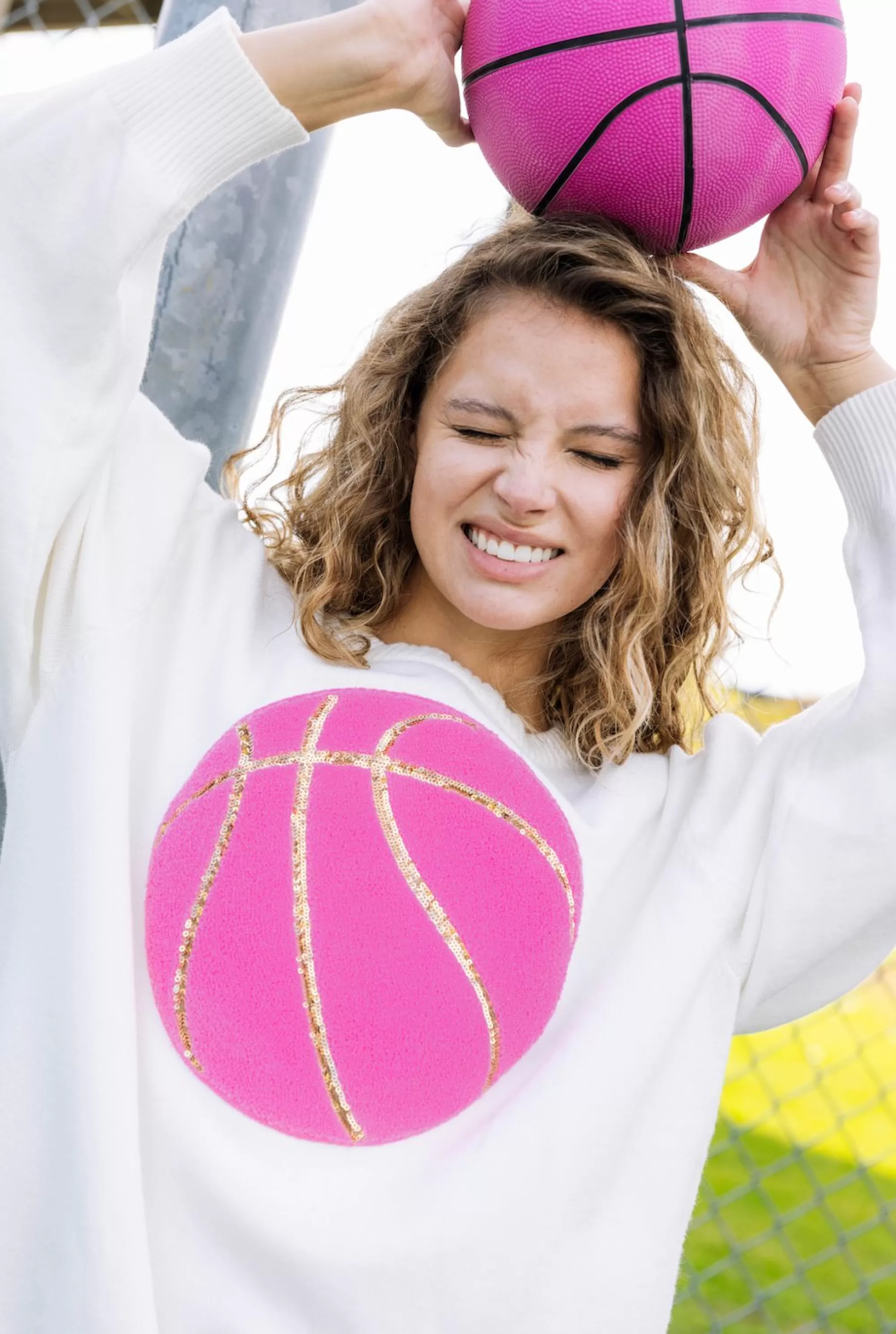 womens Queen Of Sparkles Pink Fuzzy Basketball Sweater