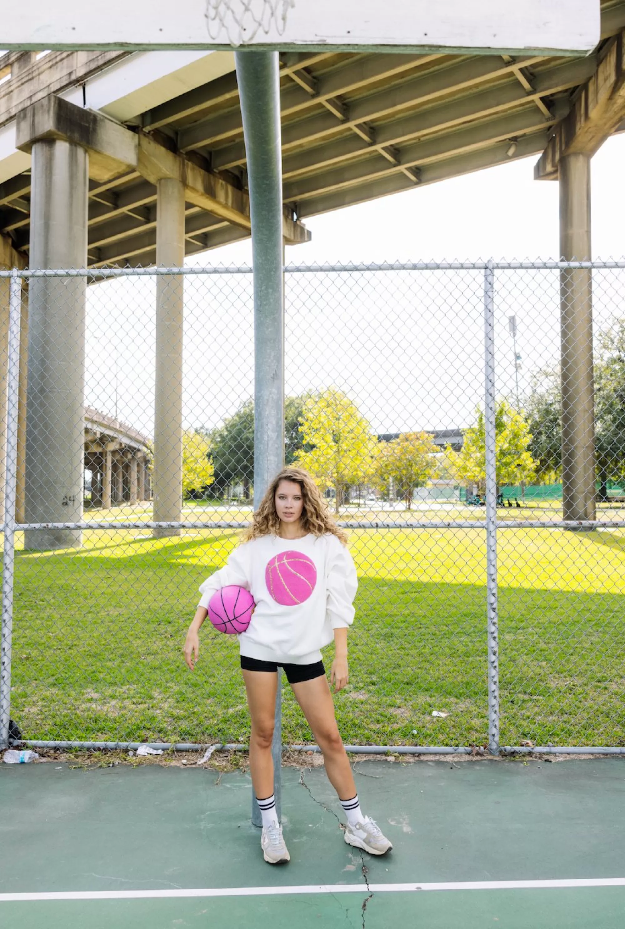 womens Queen Of Sparkles Pink Fuzzy Basketball Sweater