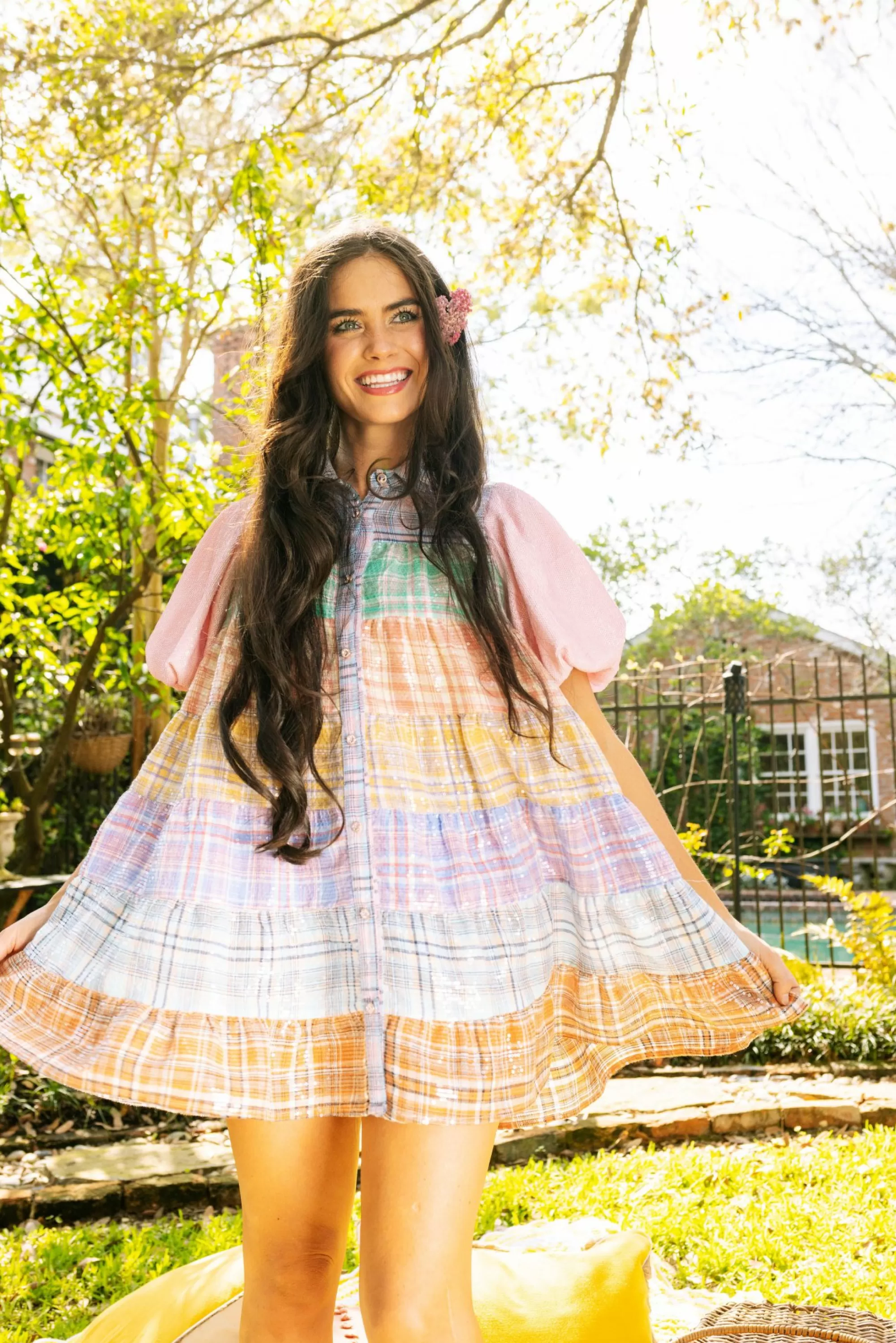 womens Queen Of Sparkles Plaid Poof Sleeve Sequin Tier Dress