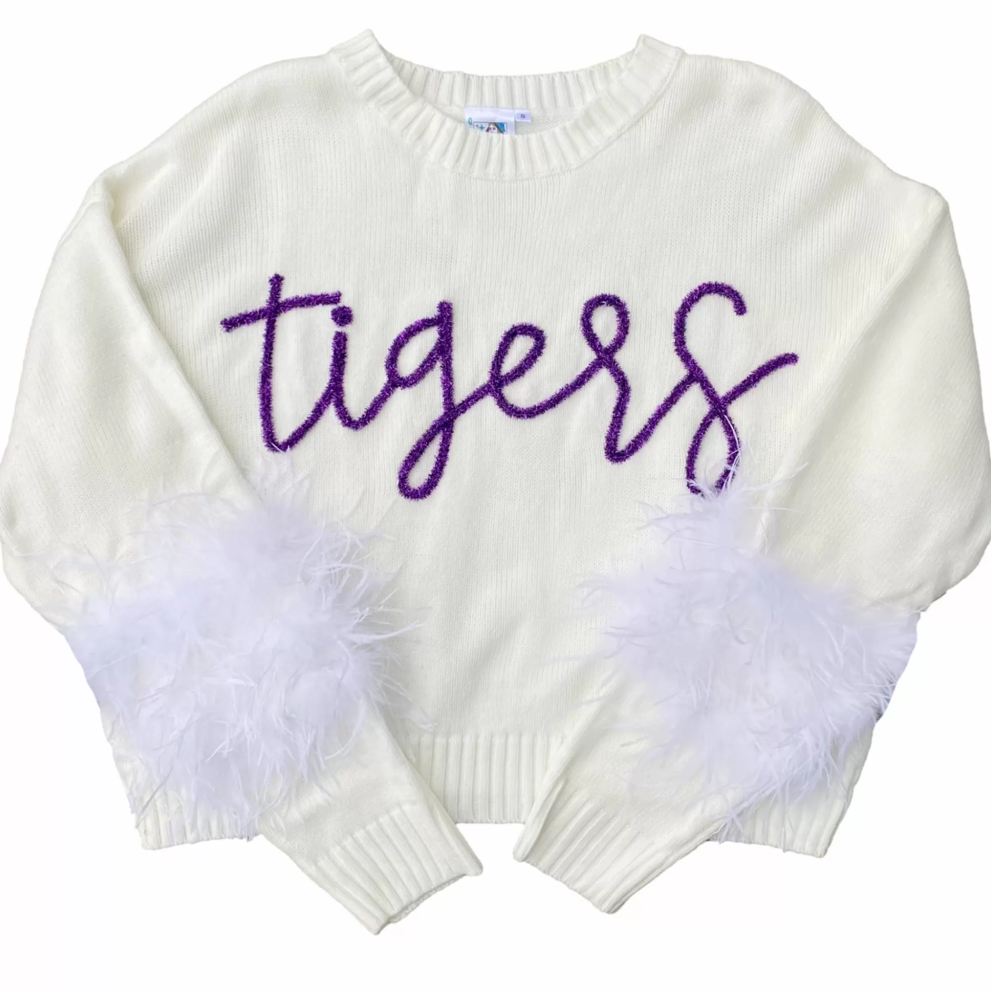 womens Queen Of Sparkles Purple"Tigers" Feather Sleeve Sweater