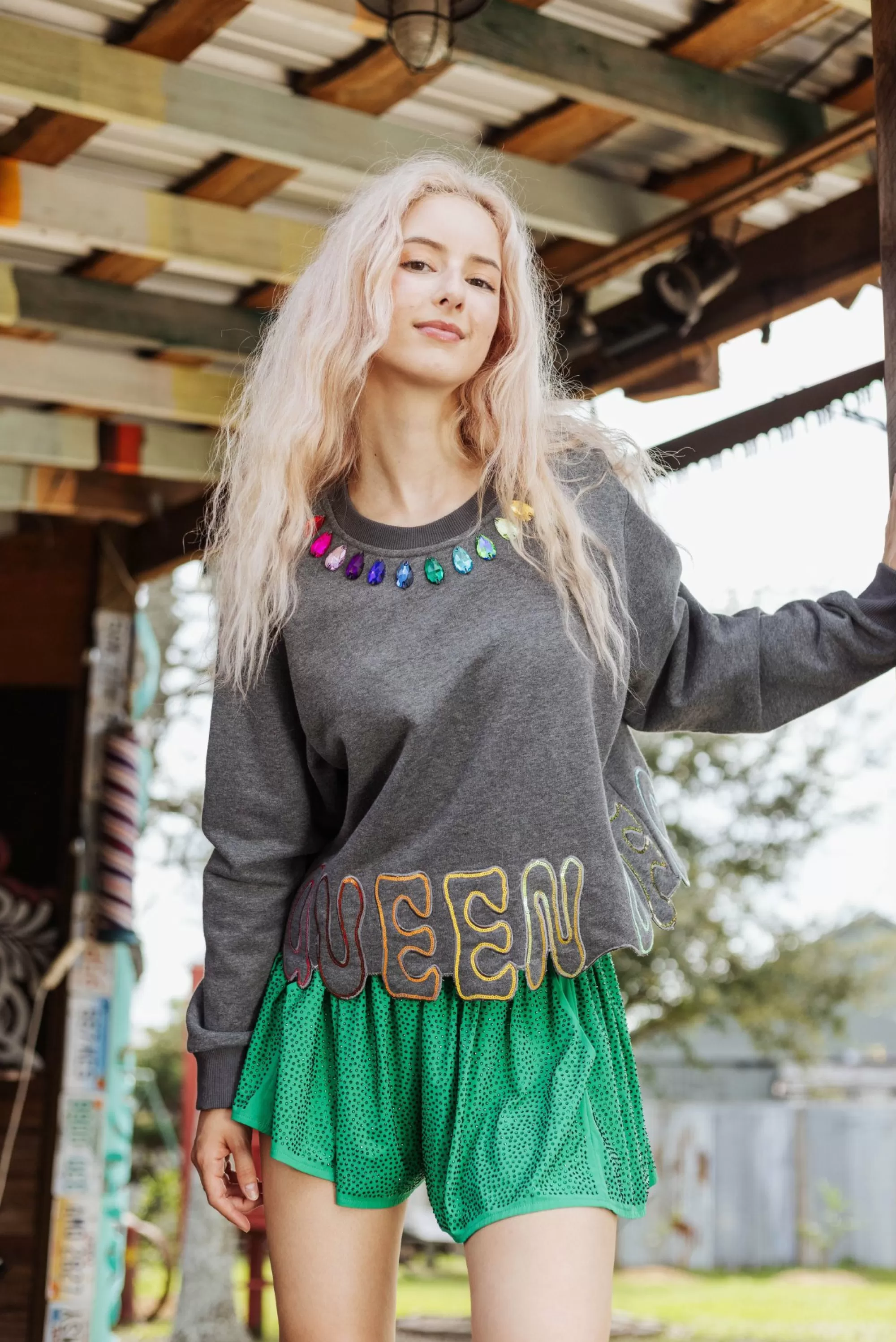 womens Queen Of Sparkles Cutout Bottom Sweatshirt