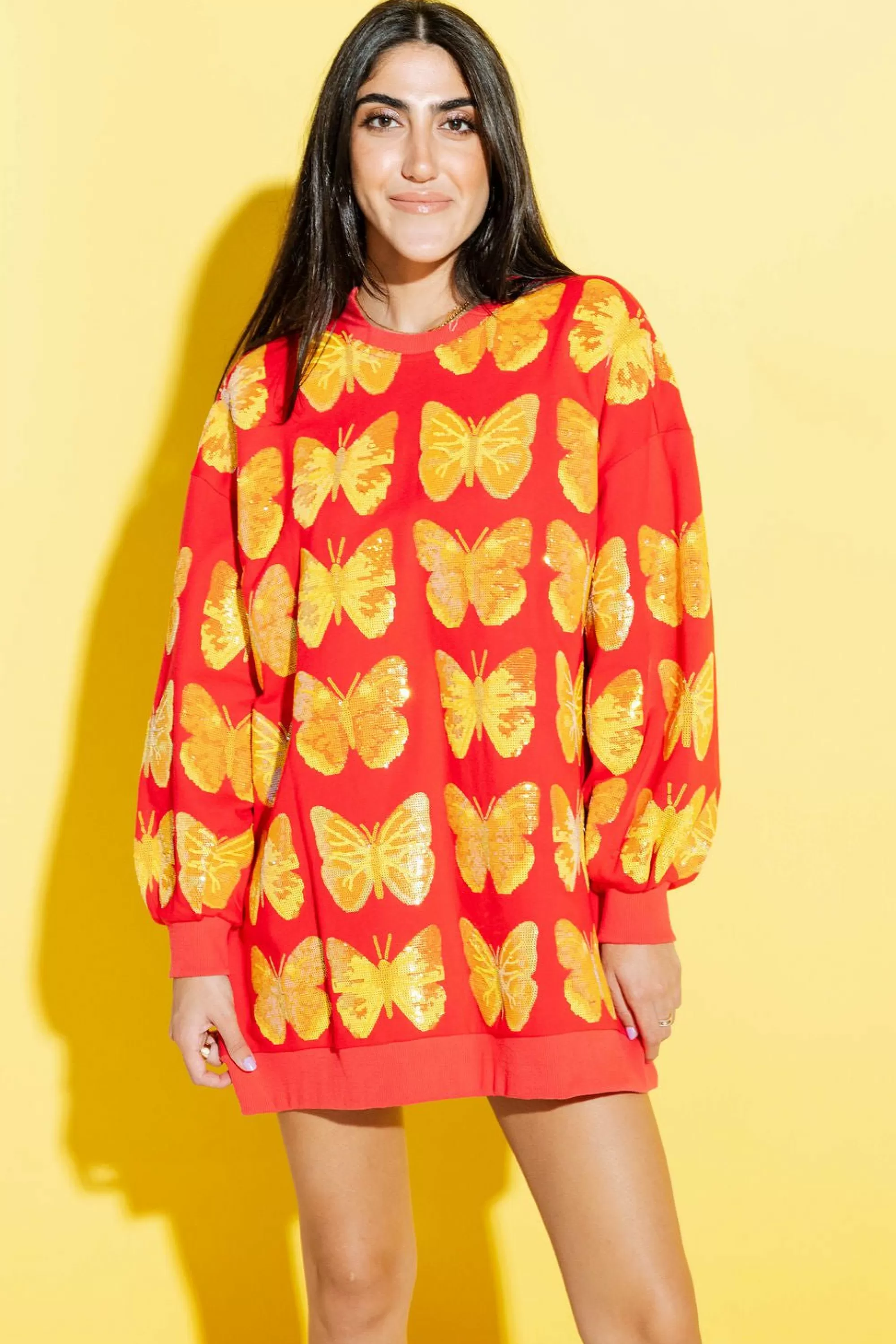 womens Queen Of Sparkles Red & Yellow Butterfly Sweatshirt Dress