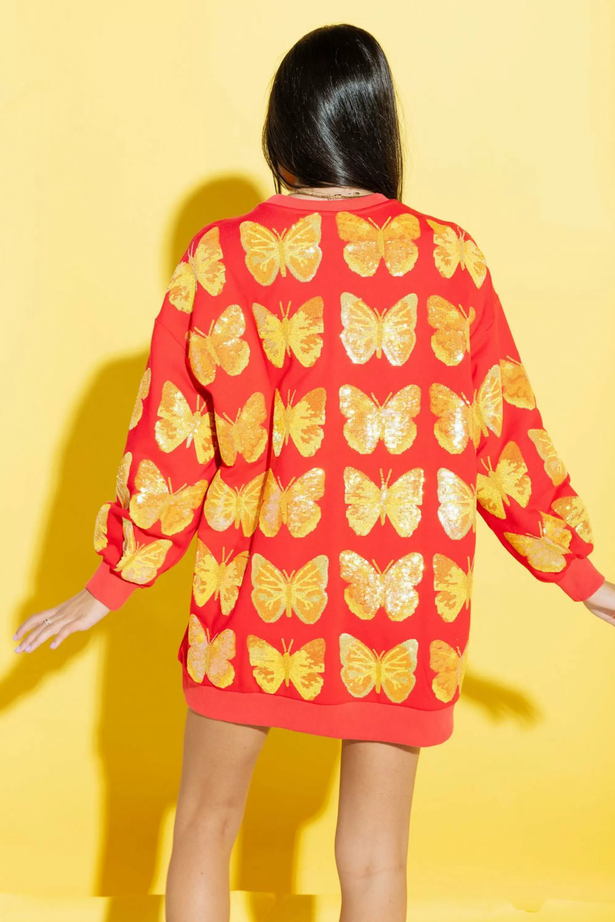 womens Queen Of Sparkles Red & Yellow Butterfly Sweatshirt Dress