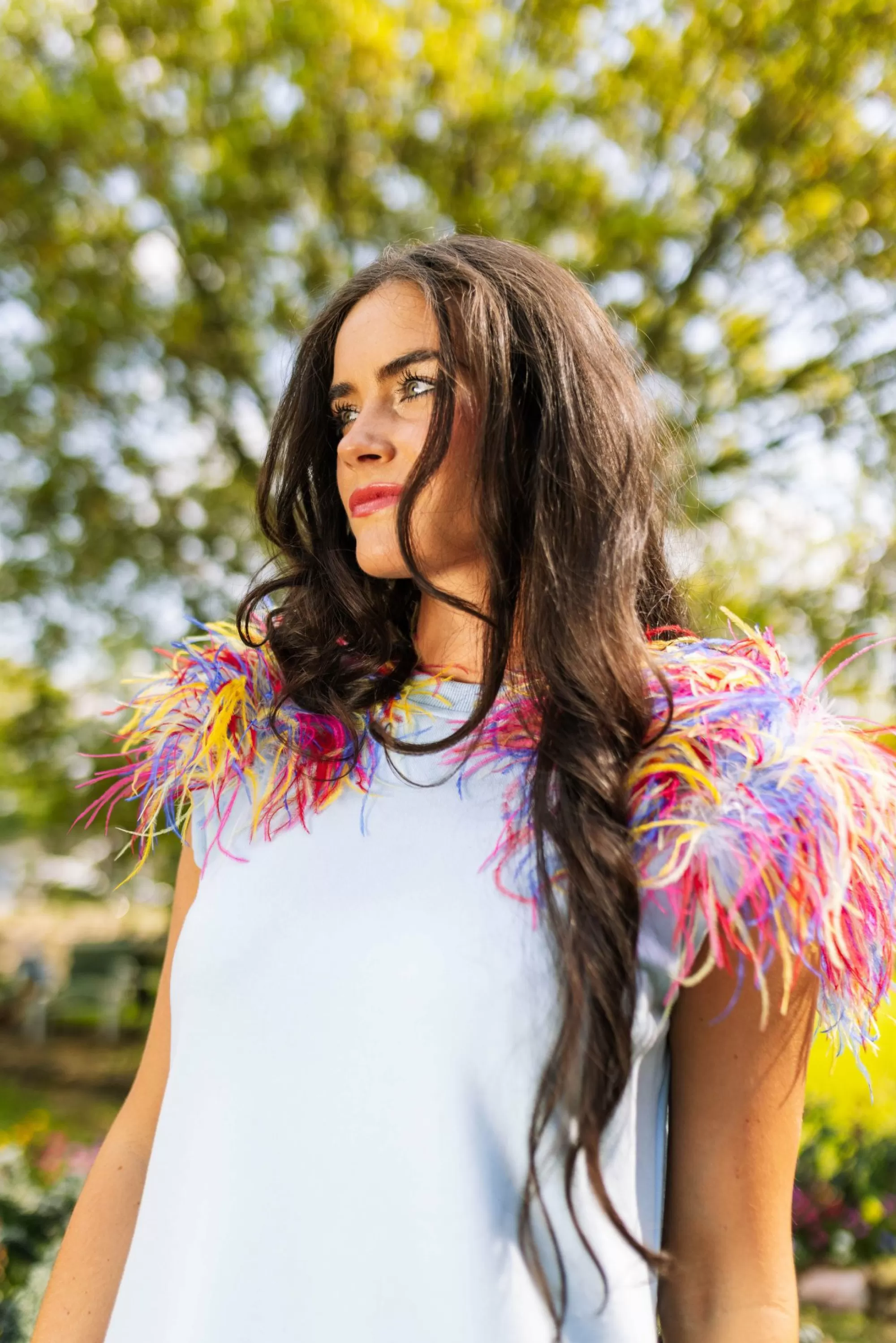 womens Queen Of Sparkles Shoulder Pad Dress With Rainbow Feather Shoulders