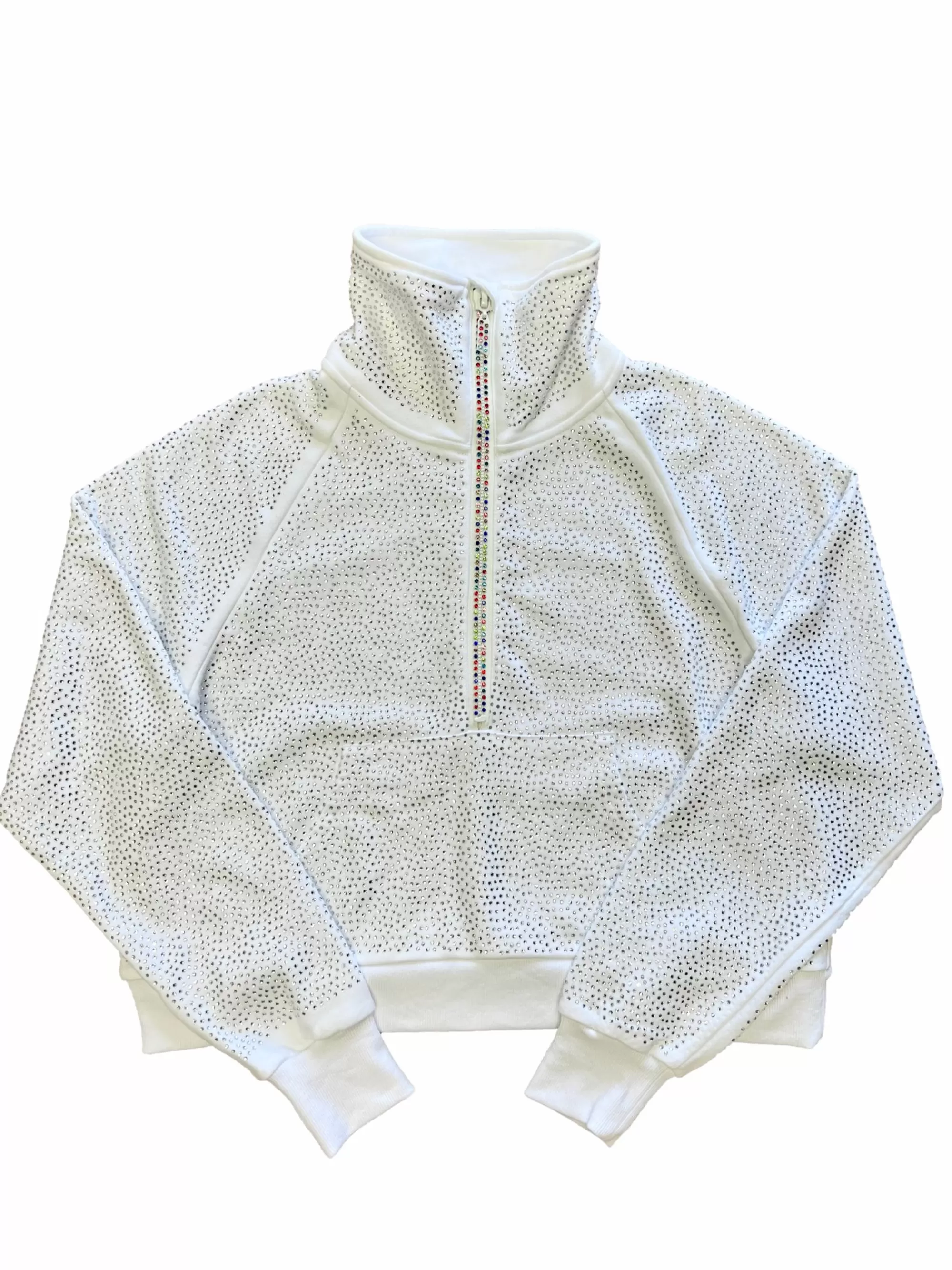 womens Queen Of Sparkles White Rhinestone Half Zip Sweatshirt