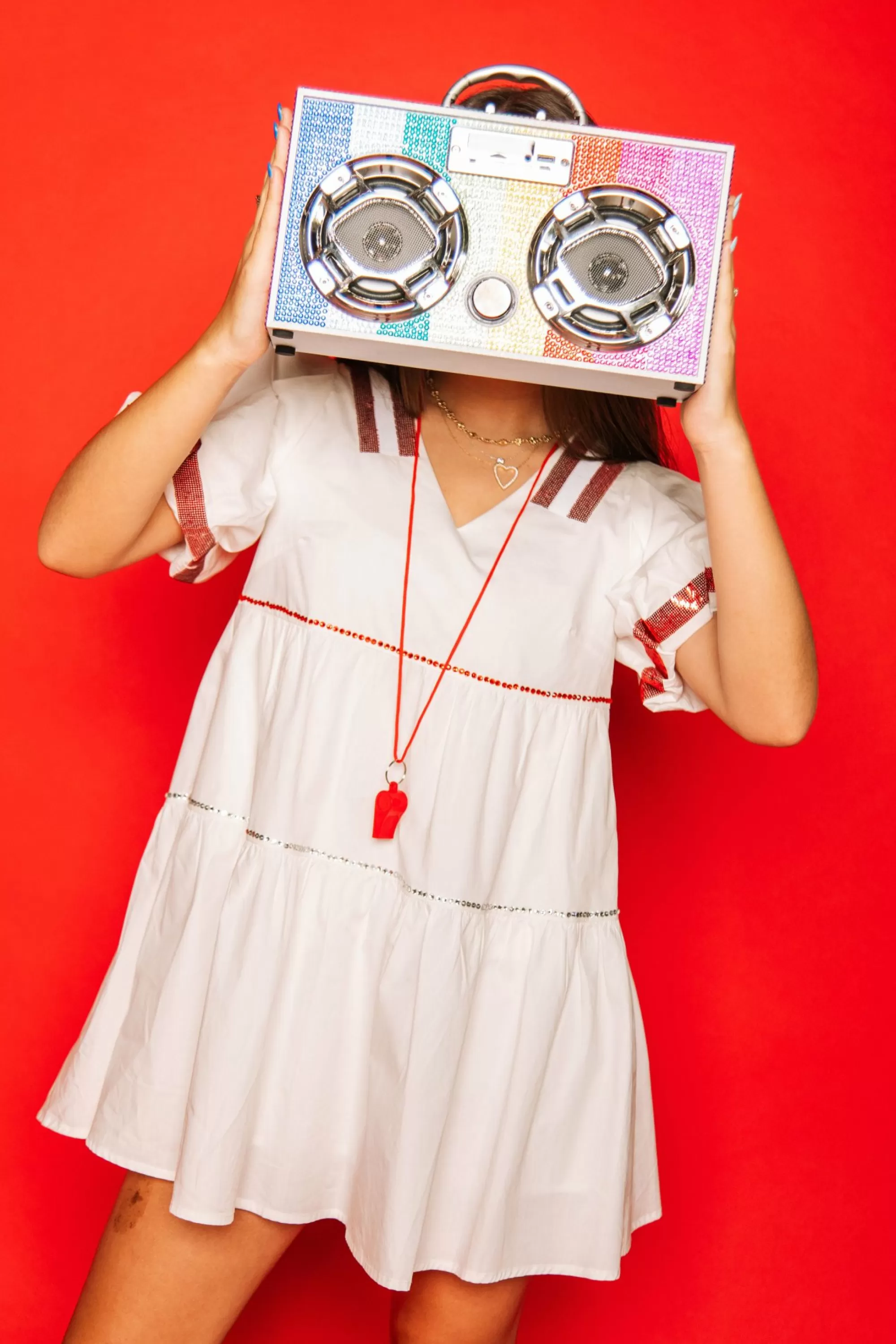 womens Queen Of Sparkles White/Bright Red Poof Sleeve Qos Jersey Dress