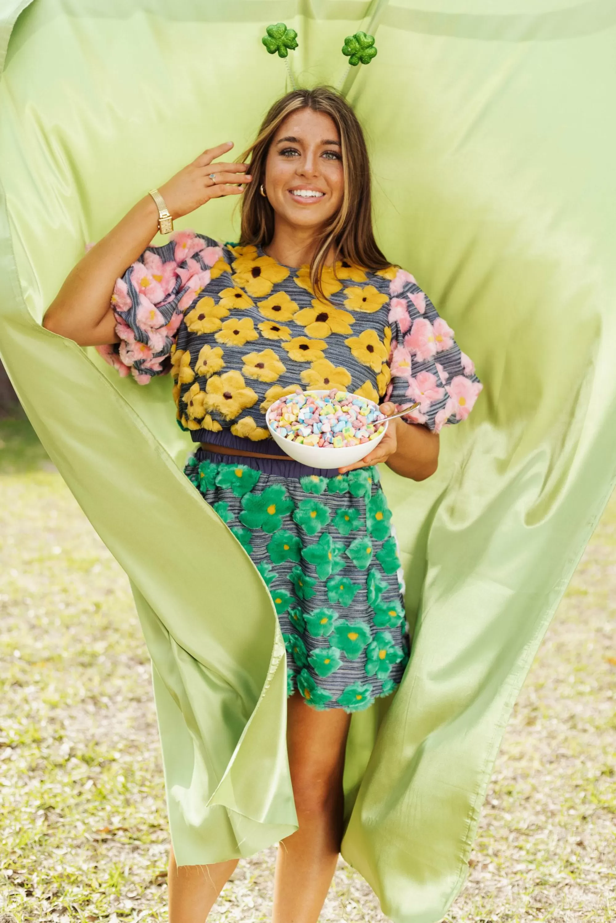 womens Queen Of Sparkles Yellow Colorblock Flower Fur Top